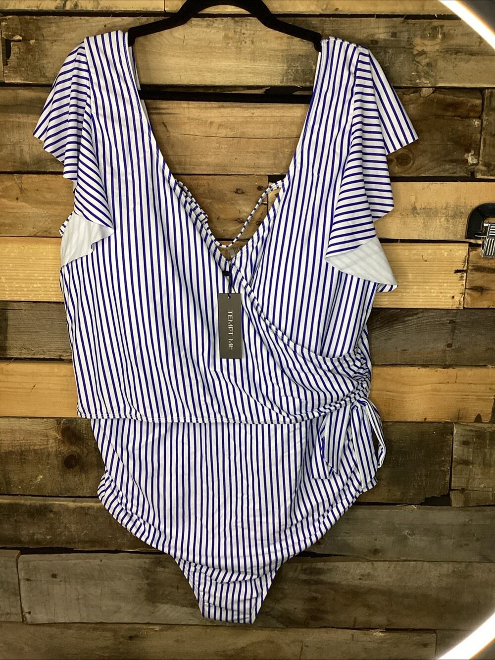 Tempt Me Blue And White Pinstripe One Piece Swimsuit Size 24W Plus Size